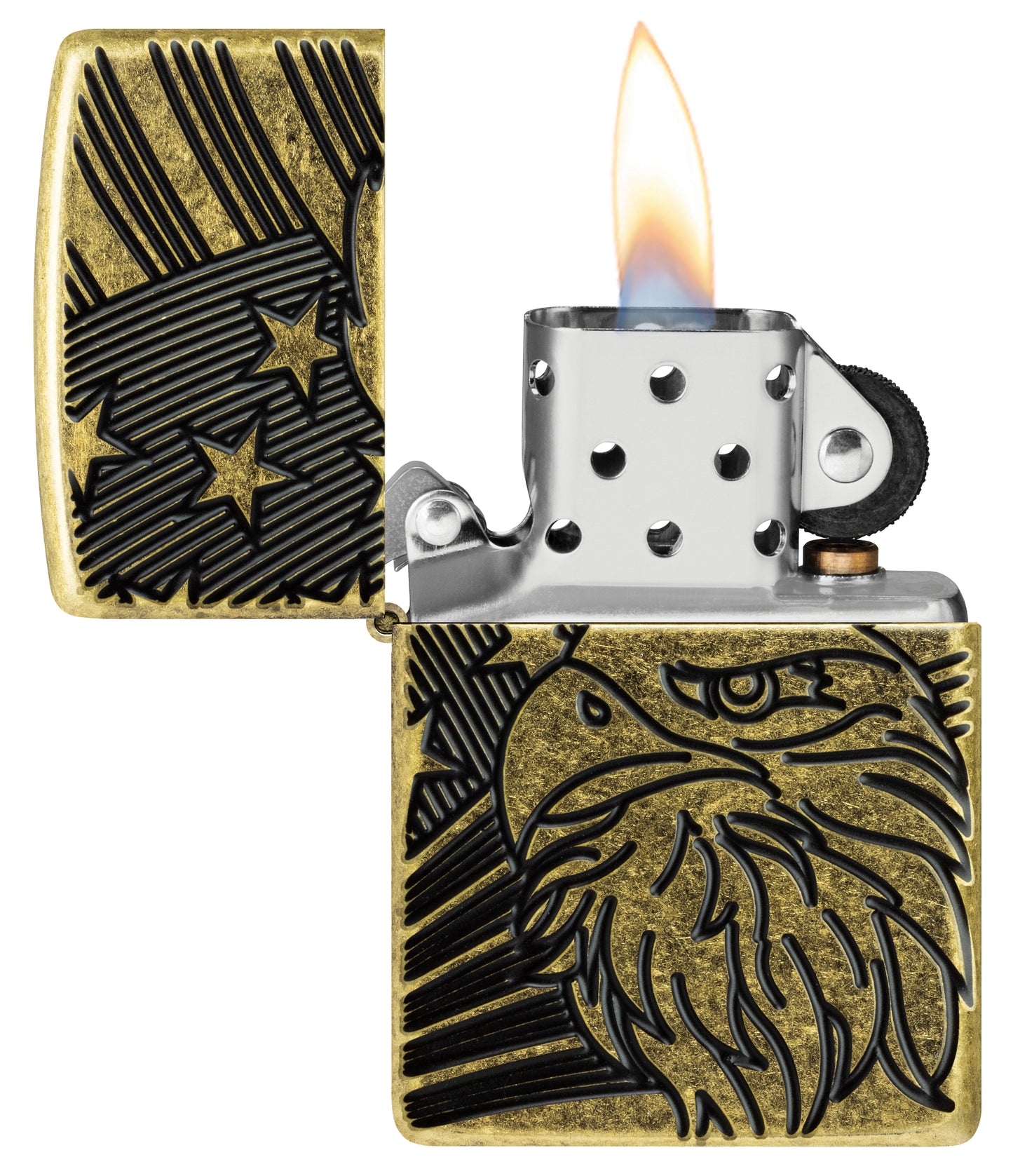 Zippo Eagle and Flag Design Armor® Antique Brass Windproof Lighter with its lid open and lit.
