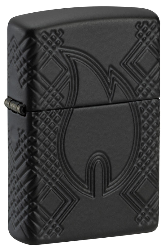 Front shot of Zippo Rivet Flame Armor® Black Matte Windproof Lighter standing at a 3/4 angle.