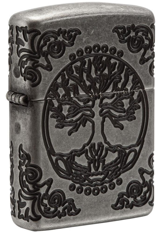 ArmorÂ® Tree of Life Windproof Lighter standing at a 3/4 angle