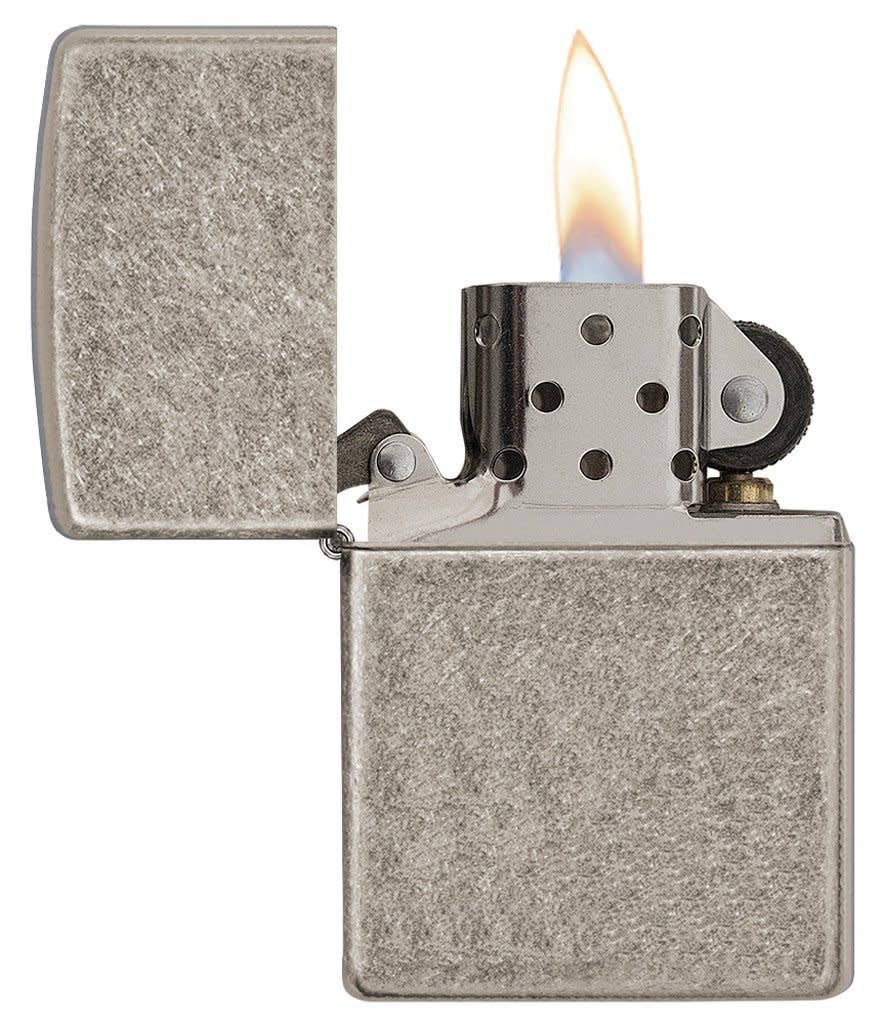 ArmorÂ®  Antique Silver Plate Windproof Lighter with lid open and lit