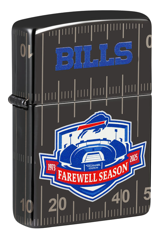 Front shot of Zippo Buffalo Bills Farewell Season Design High Polish Black Windproof Lighter standing at a 3/4 angle.