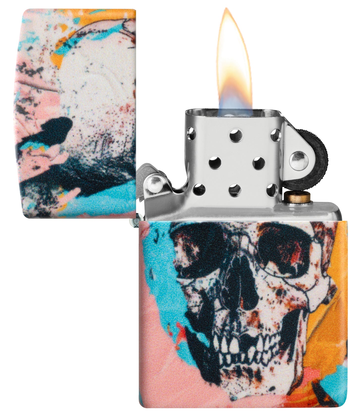 Zippo Graffiti Skull Design 540 Matte Windproof Lighter with its lid open and lit.