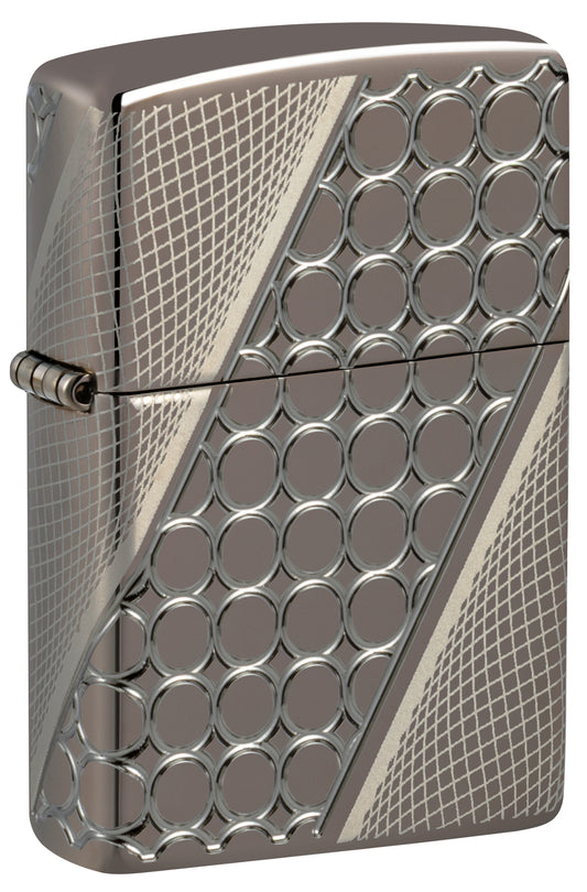 Front shot of Zippo Deep Dots Design Armor® Black Ice® Windproof Lighter standing at a 3/4 angle.