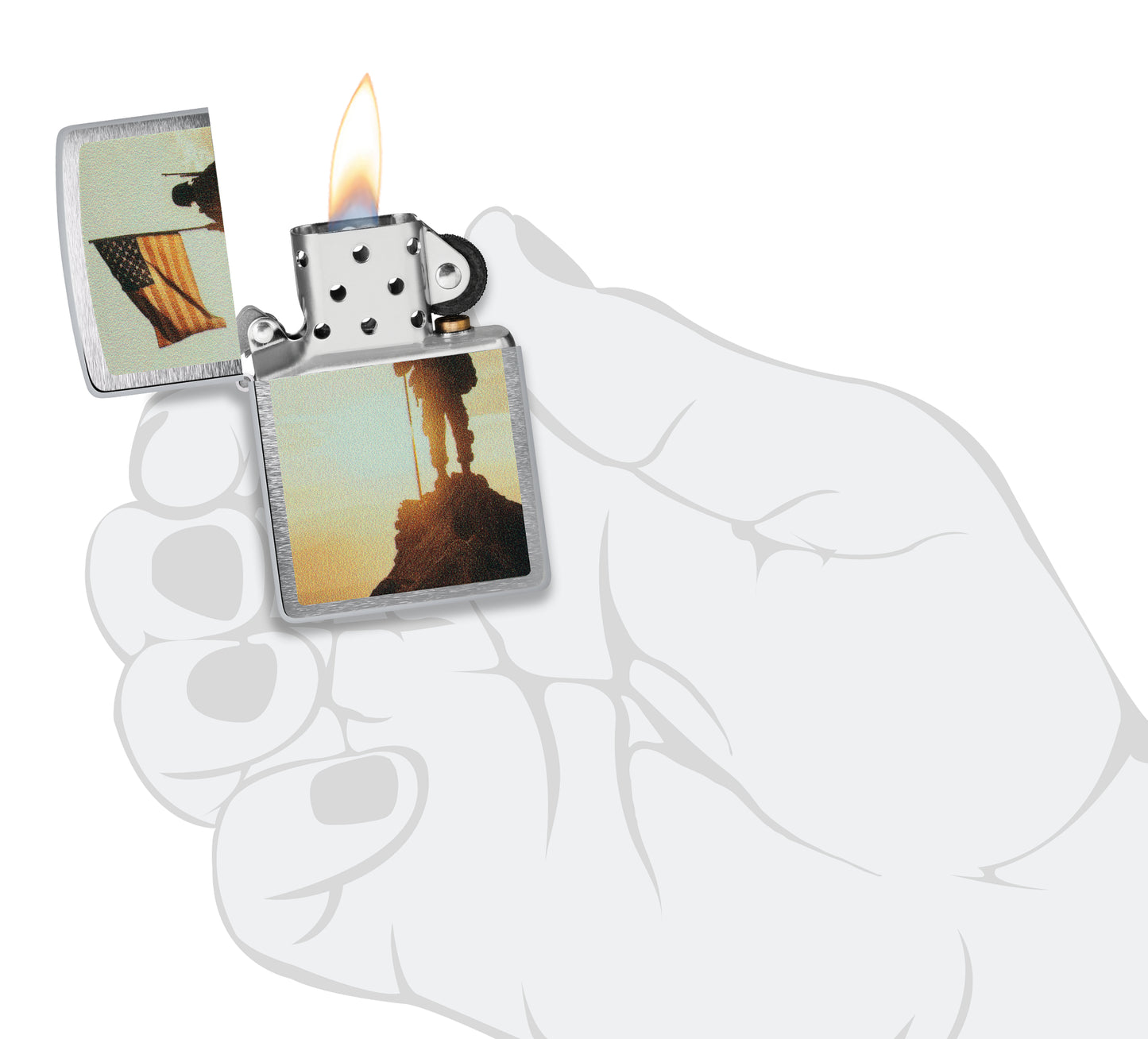 Zippo Soldier and Flag Design Brushed Chrome Windproof Lighter  lit in hand.