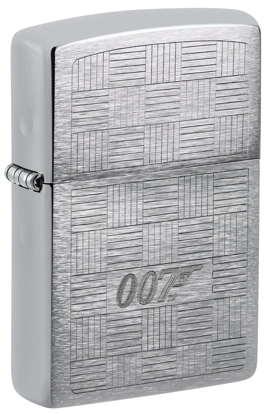 Front shot of Zippo James Bond® Tuxedo Design Brushed Chrome Windproof Lighter standing at a 3/4 angle.