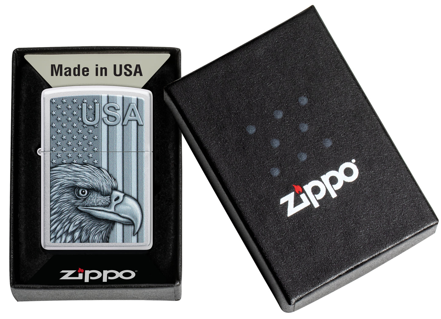 Zippo USA Pride Design Satin Chrome Windproof Lighter in its packaging.