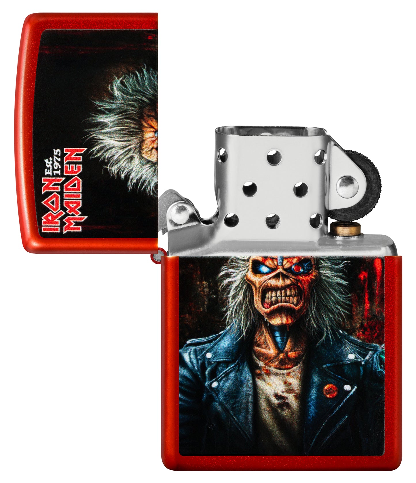Zippo Iron Maiden 50th Metallic Red Windproof Lighter with its lid open and unlit.
