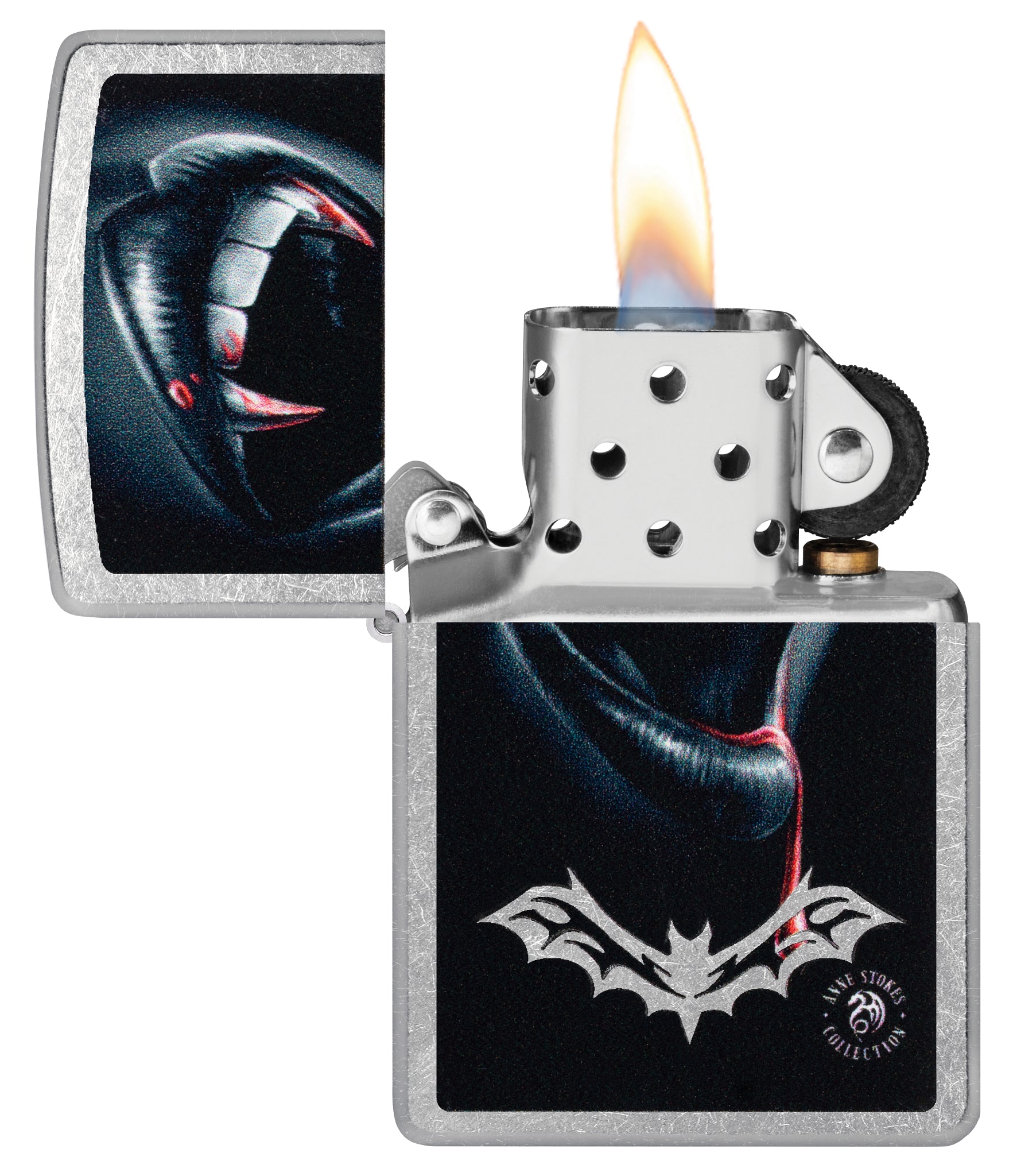 Zippo Anne Stokes Bite Design Street Chrome Windproof Lighter with its lid open and lit.