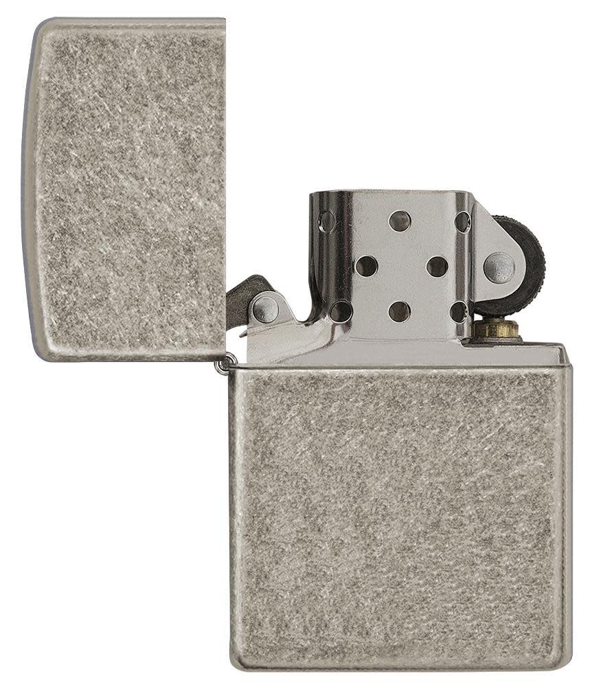 Armor® Antique Silver Plate Windproof Lighter with its lid open and unlit