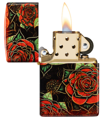 Zippo Blooming Roses Design 540 Tumbled Brass Windproof Lighter with its lid open and lit.