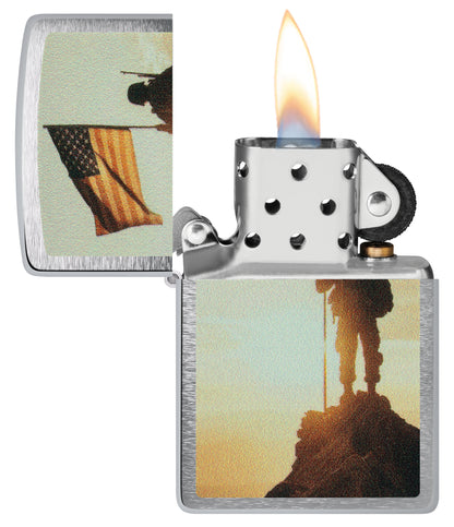 Zippo Soldier and Flag Design Brushed Chrome Windproof Lighter  with its lid open and lit.