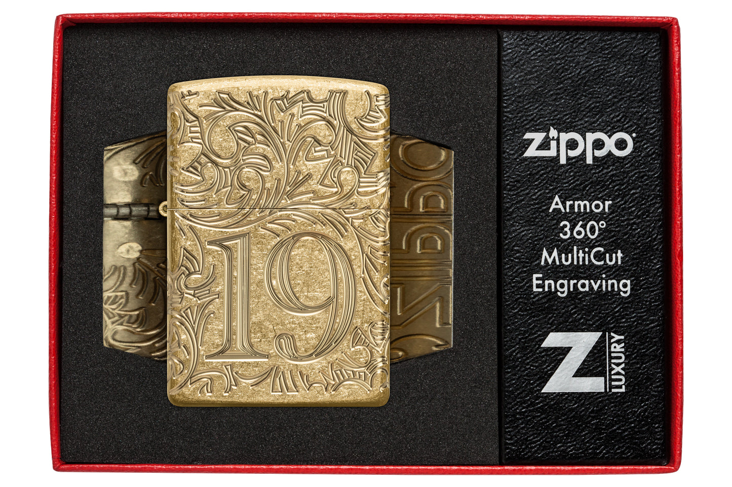 Zippo 1932 Filigree Design  Armor® Tumbled Brass Windproof Lighter in its packaging.
