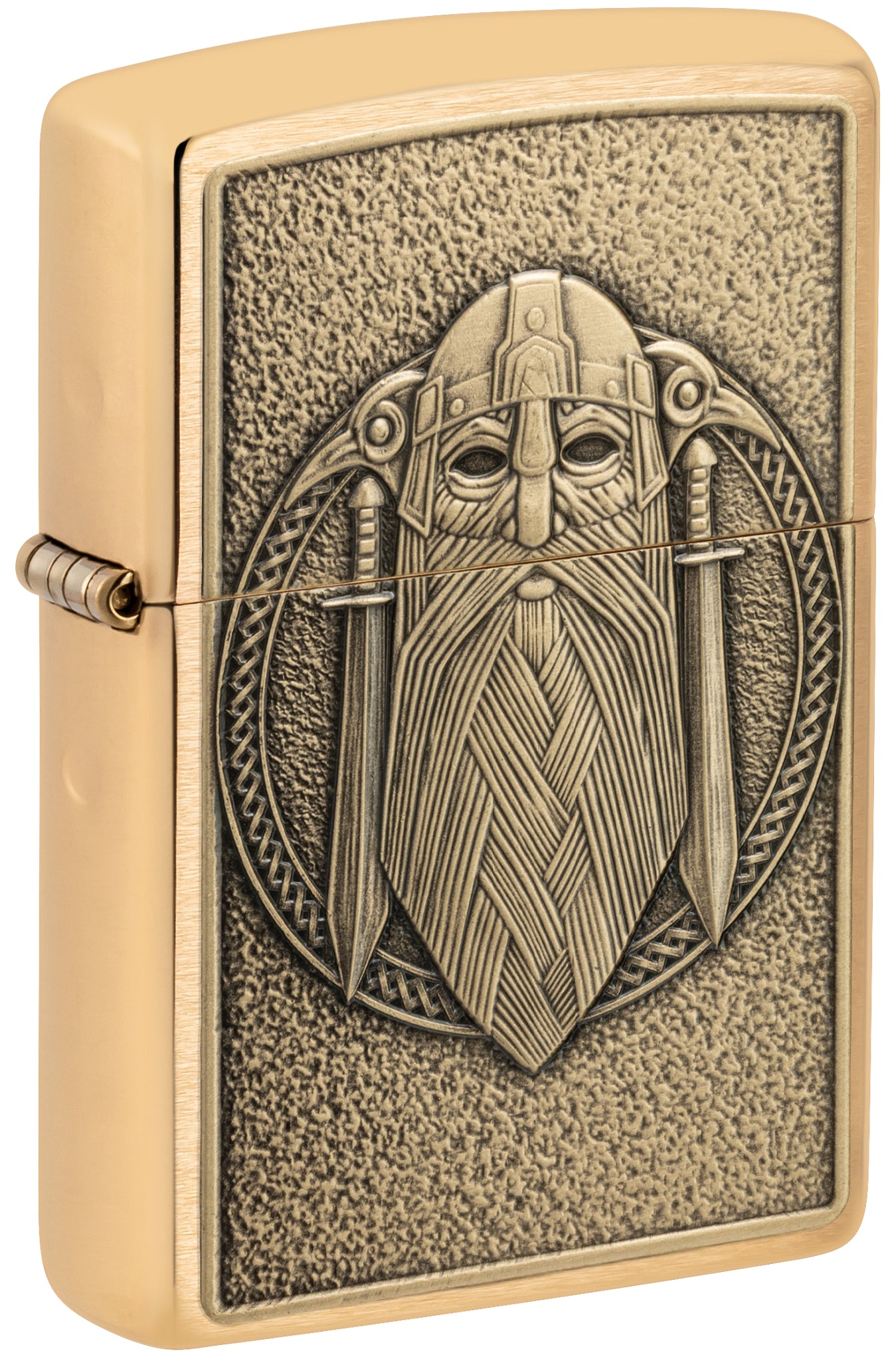 Front shot of Zippo Odin Emblem Brushed Brass Windproof Lighter standing at a 3/4 angle.