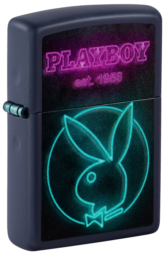 Front shot of Zippo Playboy Neon Design Navy Matte  Windproof Lighter standing at a 3/4 angle.