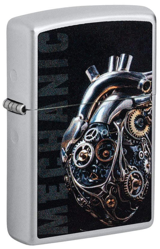 Front shot of Zippo  Mechanical Heart Design Satin Chrome Windproof Lighter standing at a 3/4 angle.