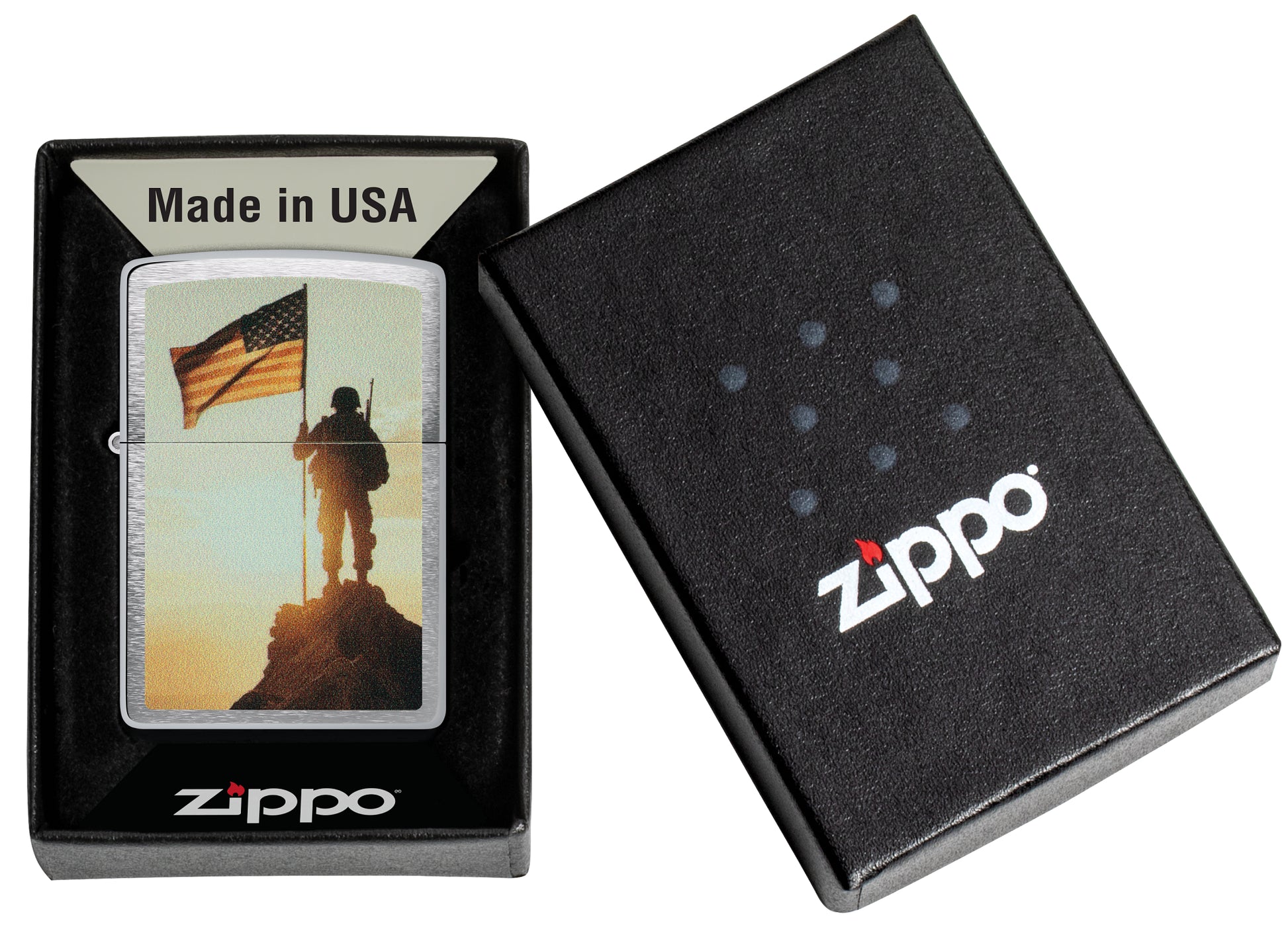 Zippo Soldier and Flag Design Brushed Chrome Windproof Lighter  in its packaging.