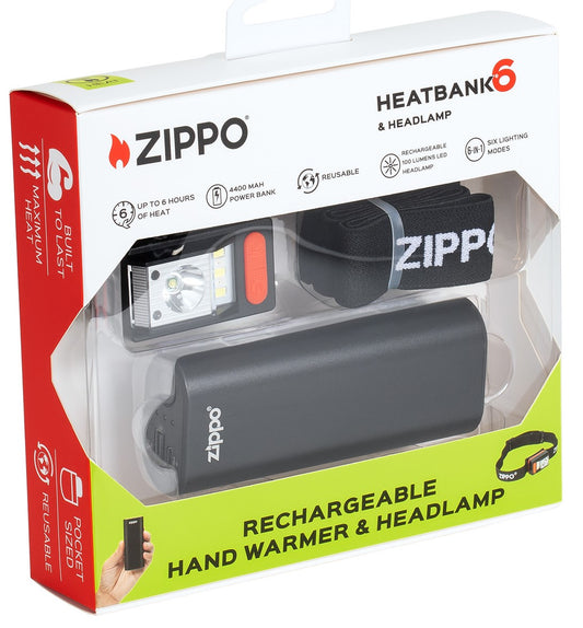Angled packaging image of Zippo Black HeatBankÂ® 6 Rechargeable Hand Warmer and Headlamp Gift Set.