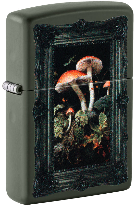 Front shot of Zippo Framed Fungi Design Green Matte Windproof Lighter standing at a 3/4 angle.