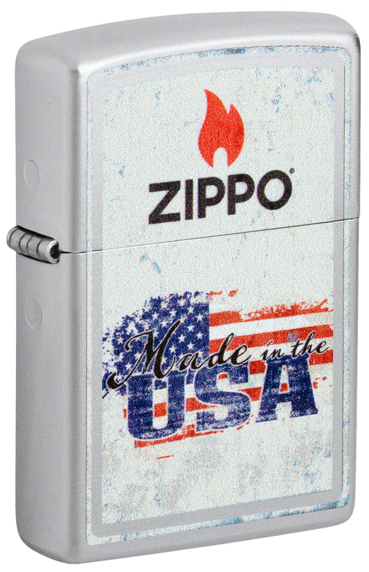 Front shot of Zippo Made in the USA Design Satin Chrome Windproof Lighter standing at a 3/4 angle.