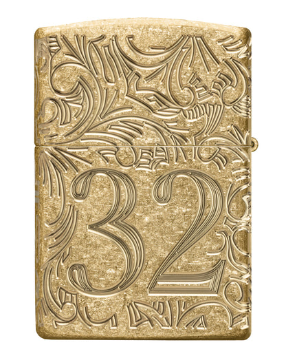 Back view of Zippo 1932 Filigree Design  Armor® Tumbled Brass Windproof Lighter.
