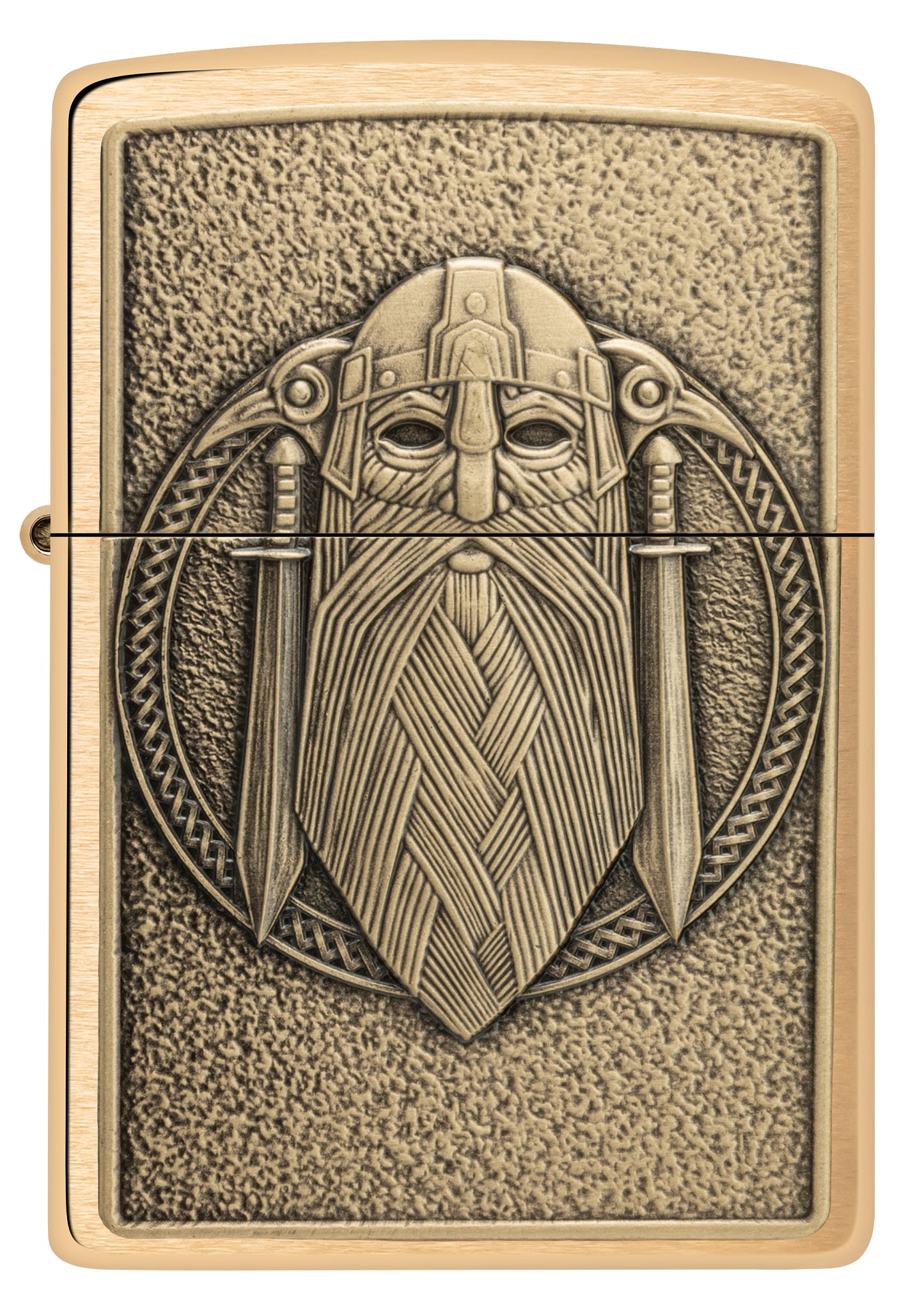 Front view of Zippo Odin Emblem Brushed Brass Windproof Lighter.