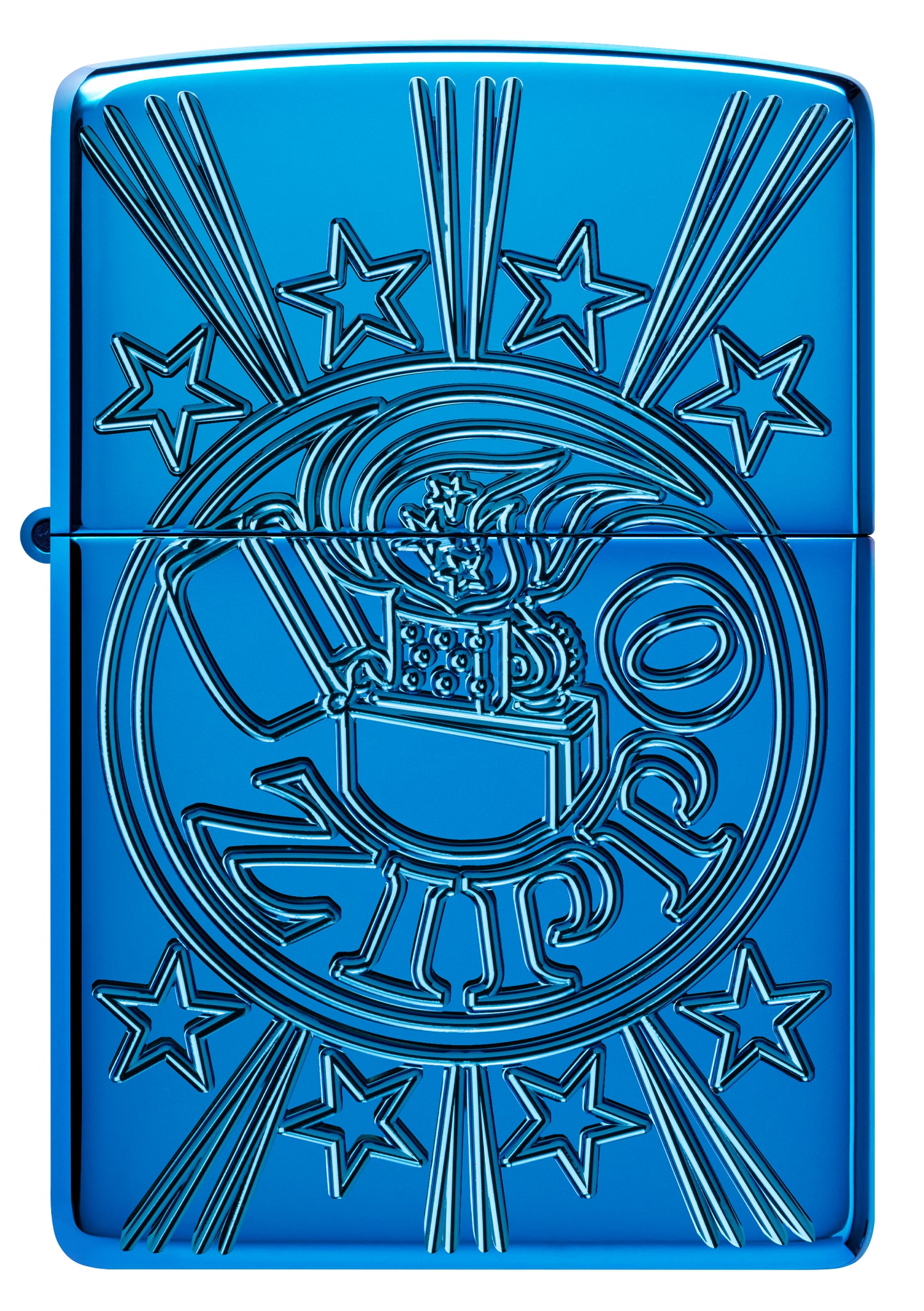 Front view of Zippo Starburst Design Armor® High Polish Blue Windproof Lighter.