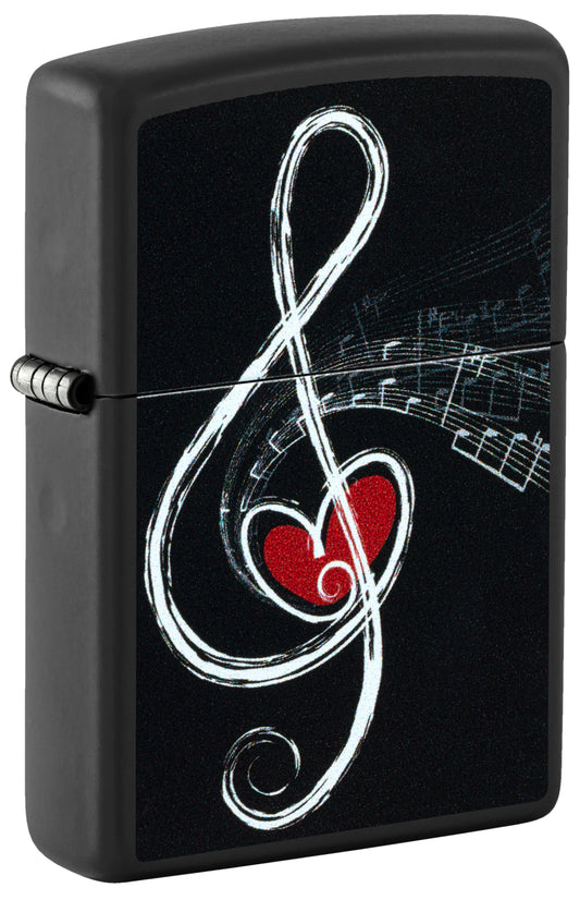 Front shot of Zippo Love Clef Design Black Matte Windproof Lighter standing at a 3/4 angle.