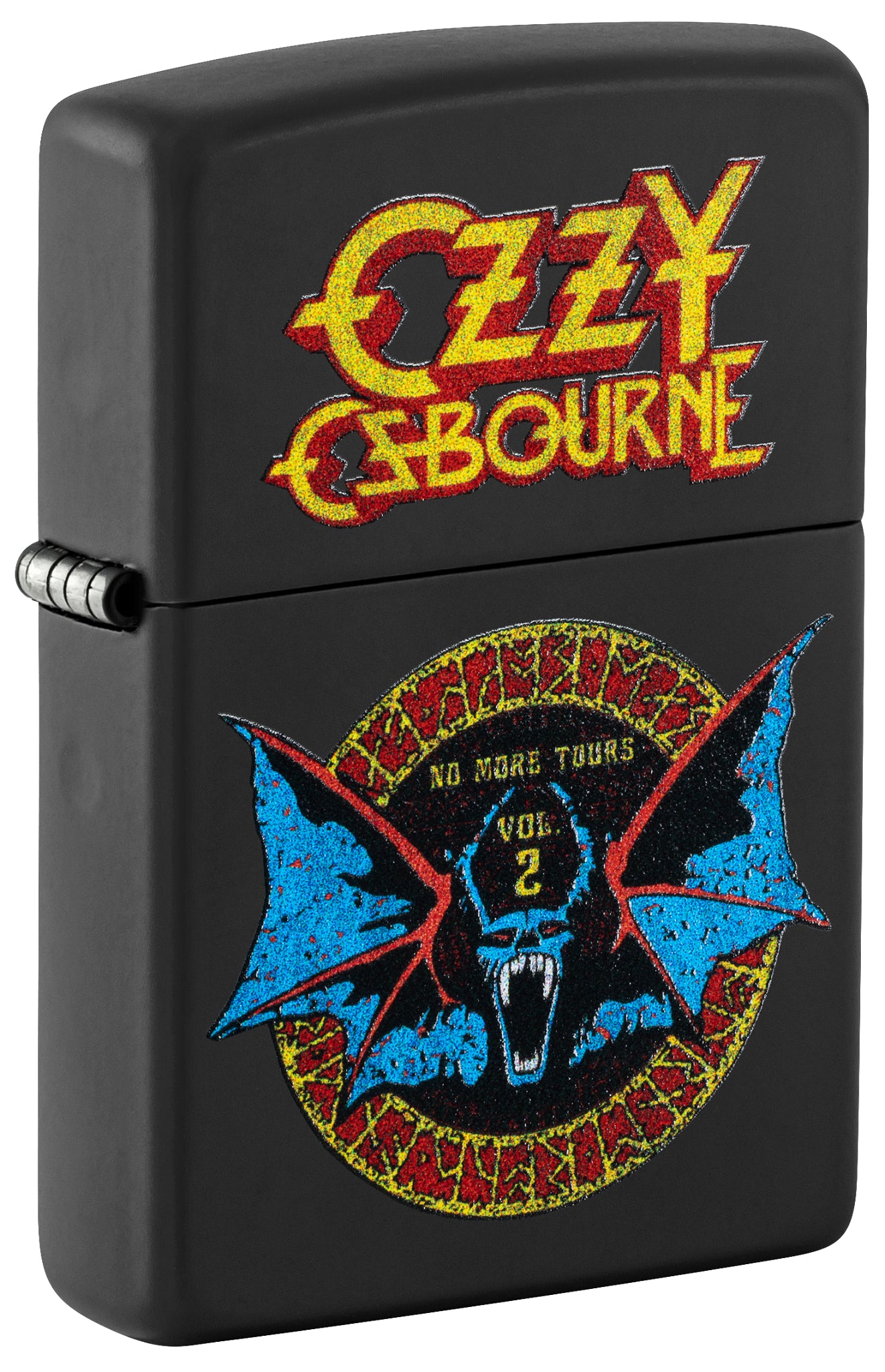 Front shot of Zippo Ozzy Osbourne No More Tours Design Black Matte Windproof Lighter standing at a 3/4 angle.