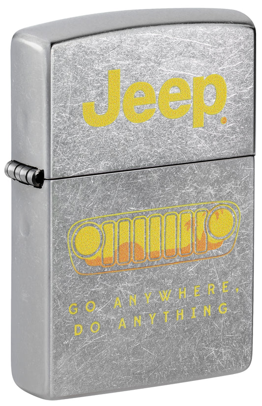Front shot of Zippo Jeep® Grille Design Street Chrome Windproof Lighter  standing at a 3/4 angle.