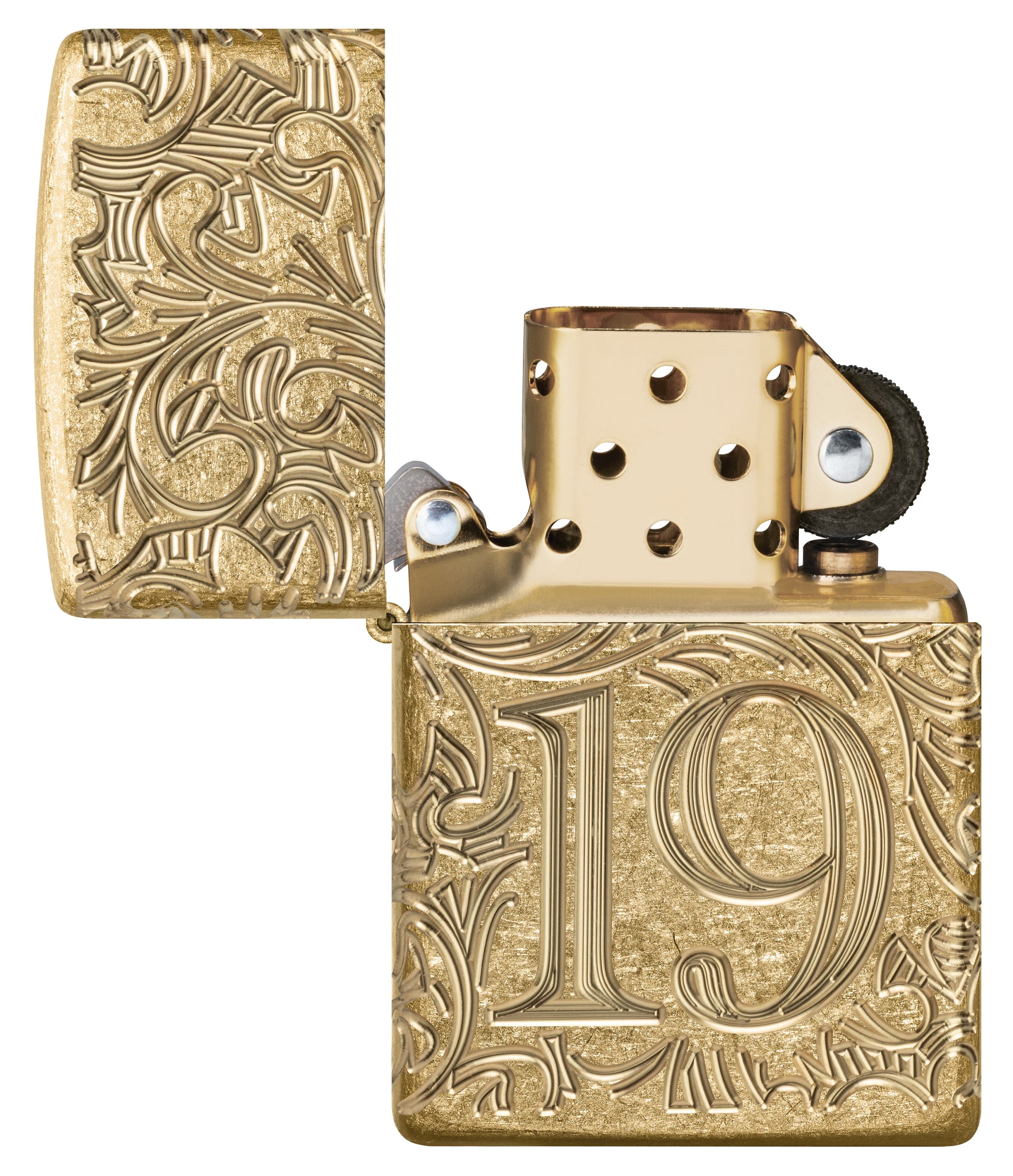 Zippo 1932 Filigree Design  Armor® Tumbled Brass Windproof Lighter with its lid open and unlit.