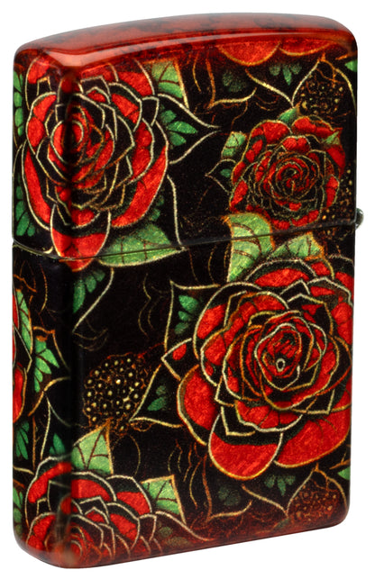 Back view of Zippo Blooming Roses Design 540 Tumbled Brass Windproof Lighter standing at a 3/4 angle.