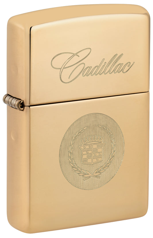 Front shot of Zippo Cadillac® Crest  High Polish Brass Windproof Lighter standing at a 3/4 angle.