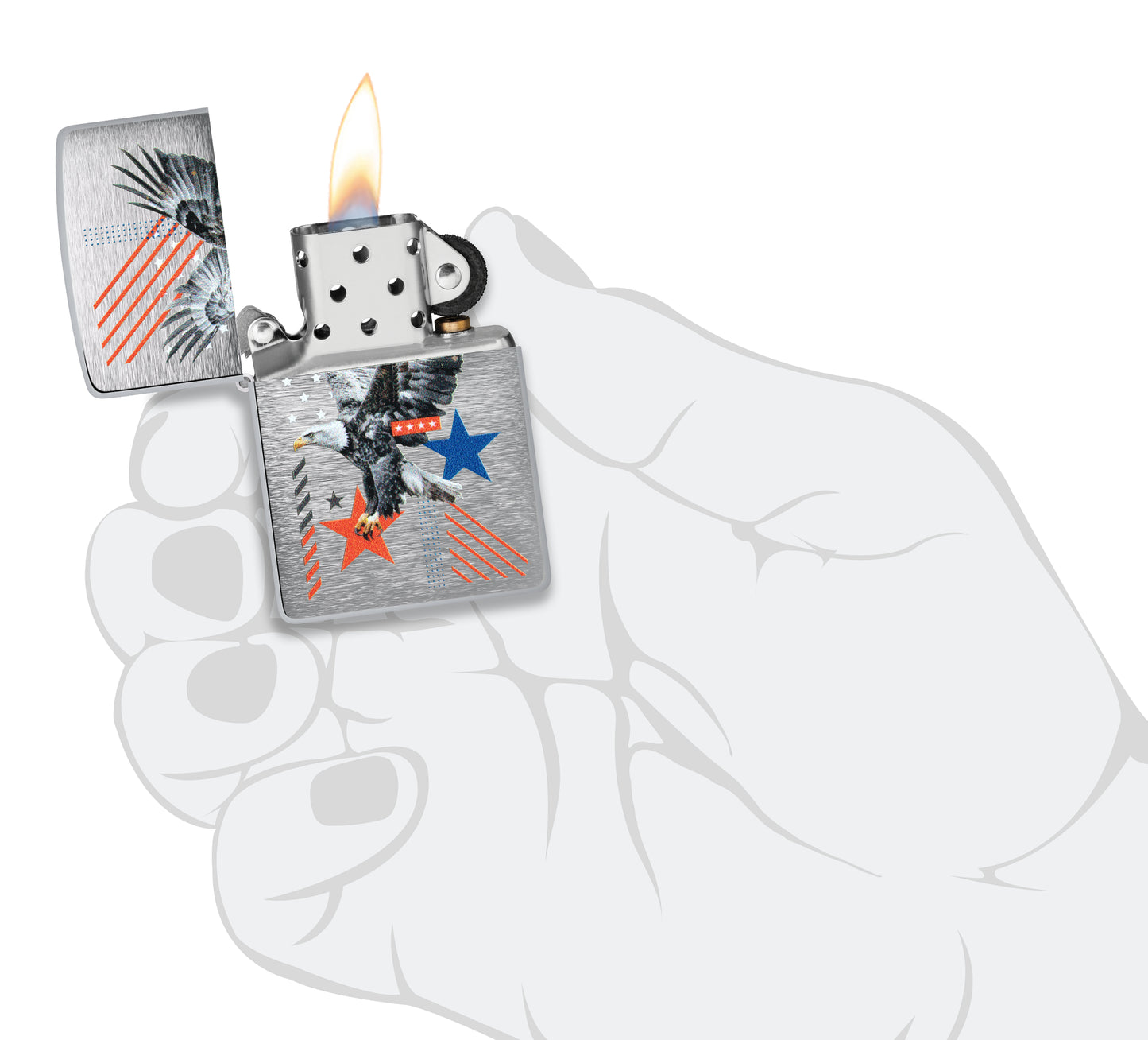 Zippo Abstract Americana Design Brushed Chrome Windproof Lighter lit in hand.