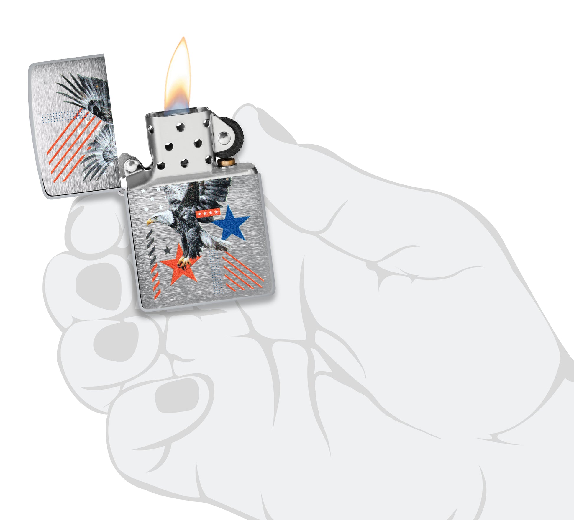 Zippo Abstract Americana Design Brushed Chrome Windproof Lighter lit in hand.