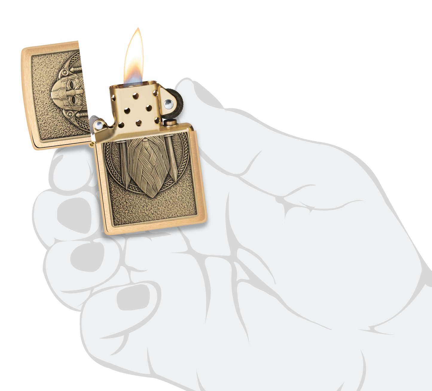 Zippo Odin Emblem Brushed Brass Windproof Lighter lit in hand.