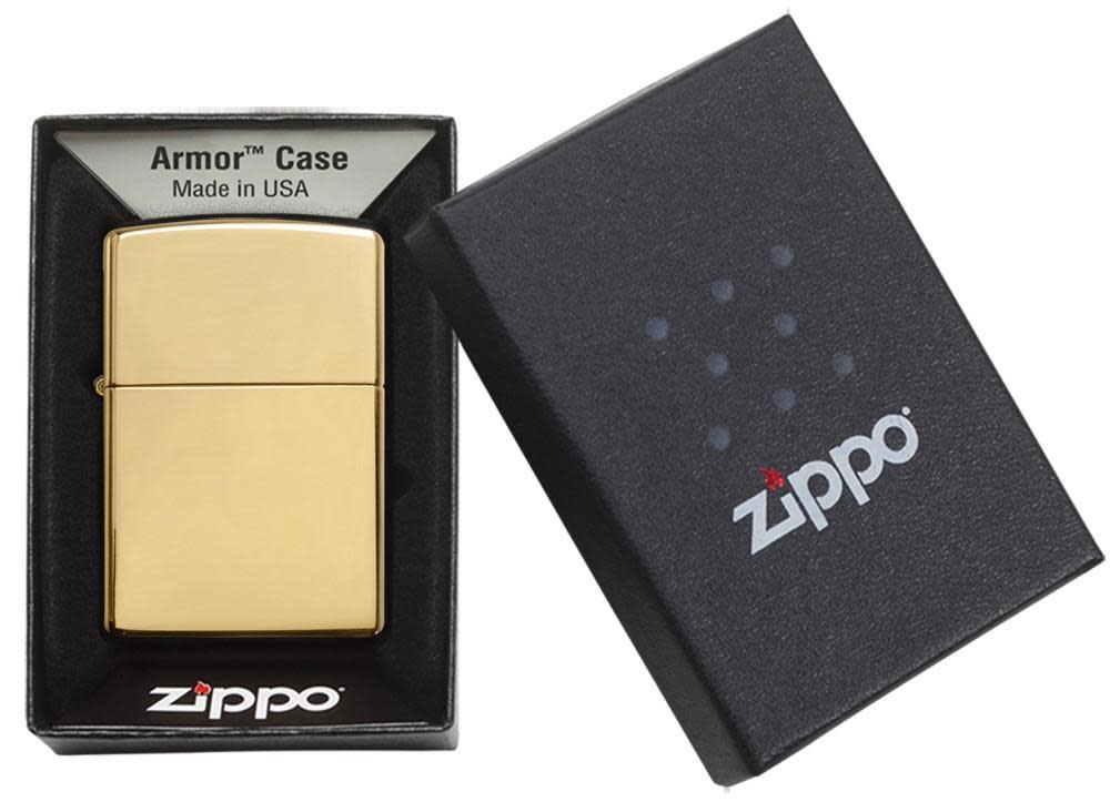 ArmorÂ® High Polish Brass Windproof Lighter in its packaging