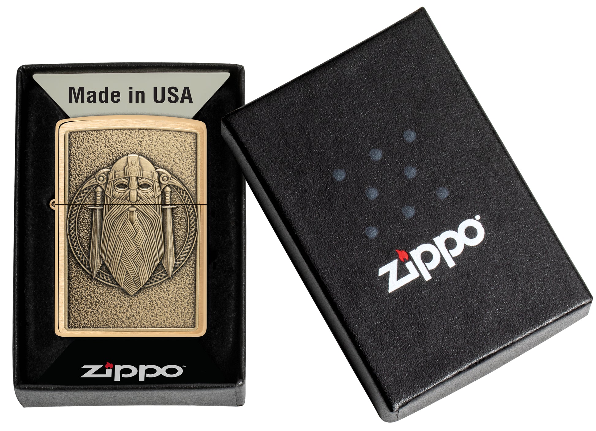 Zippo Odin Emblem Brushed Brass Windproof Lighter in its packaging.