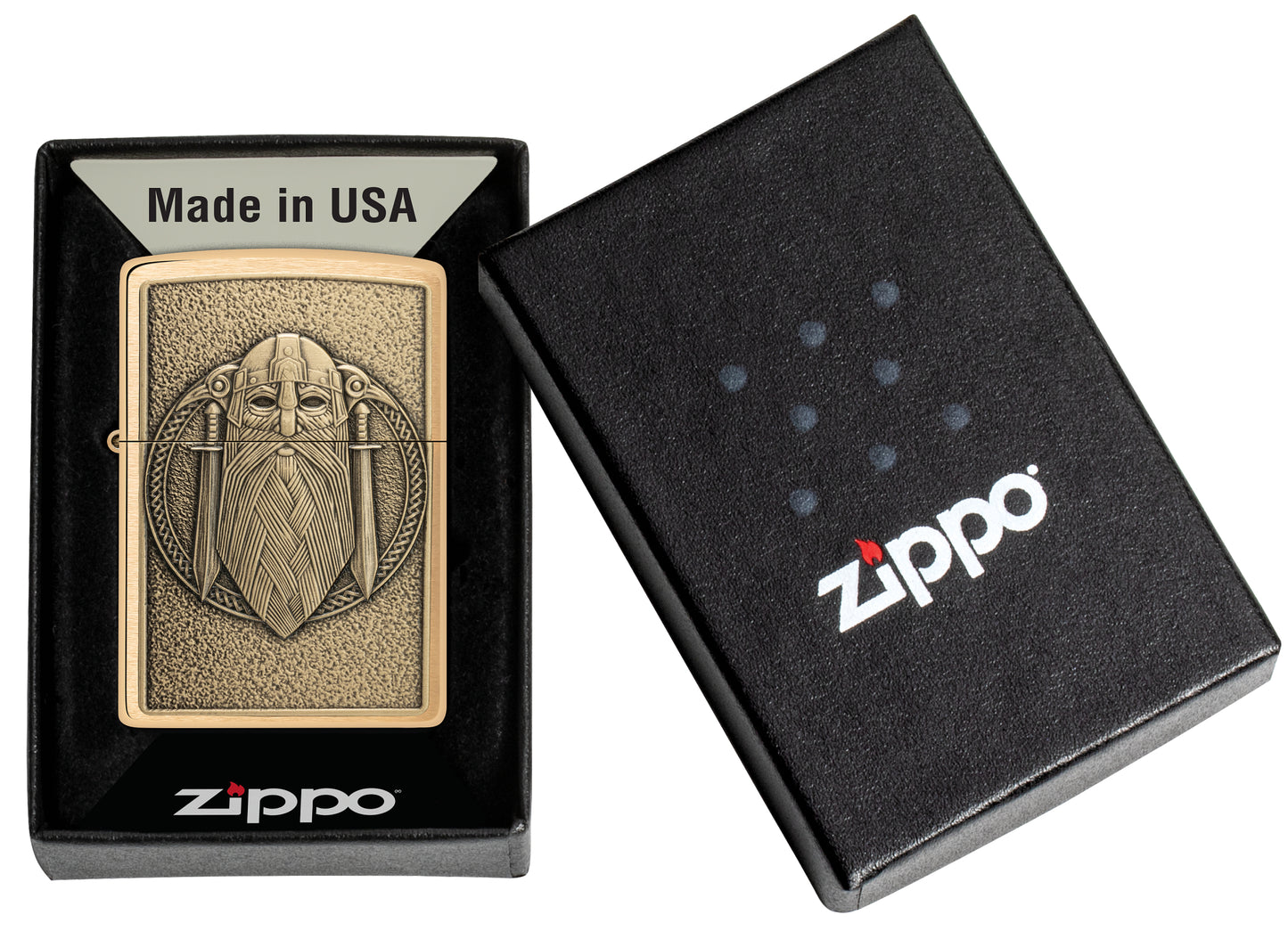 Zippo Odin Emblem Brushed Brass Windproof Lighter in its packaging.