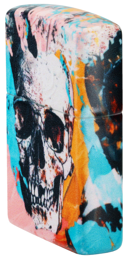 Angled shot of  Zippo Graffiti Skull Design 540 Matte Windproof Lighter showing the front and right sides of the lighter.