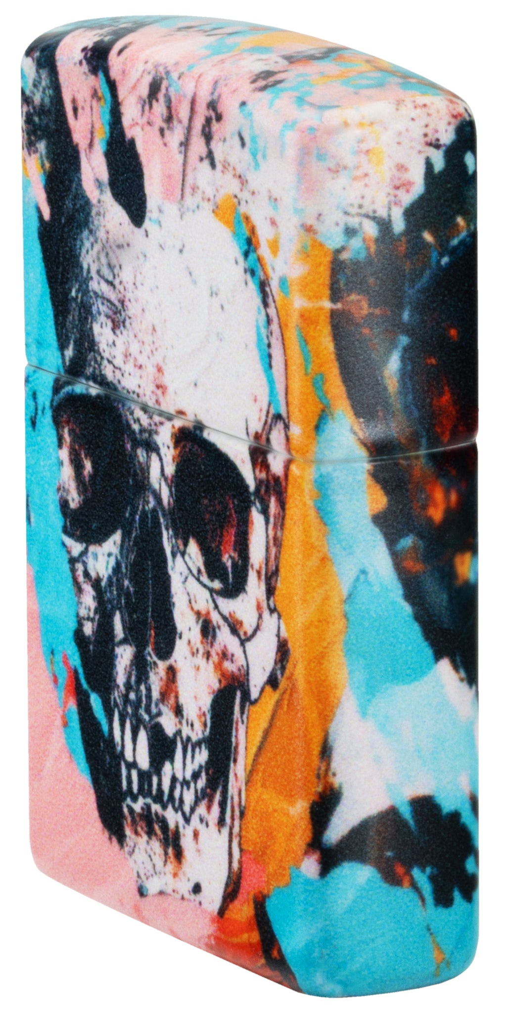 Angled shot of  Zippo Graffiti Skull Design 540 Matte Windproof Lighter showing the front and right sides of the lighter.