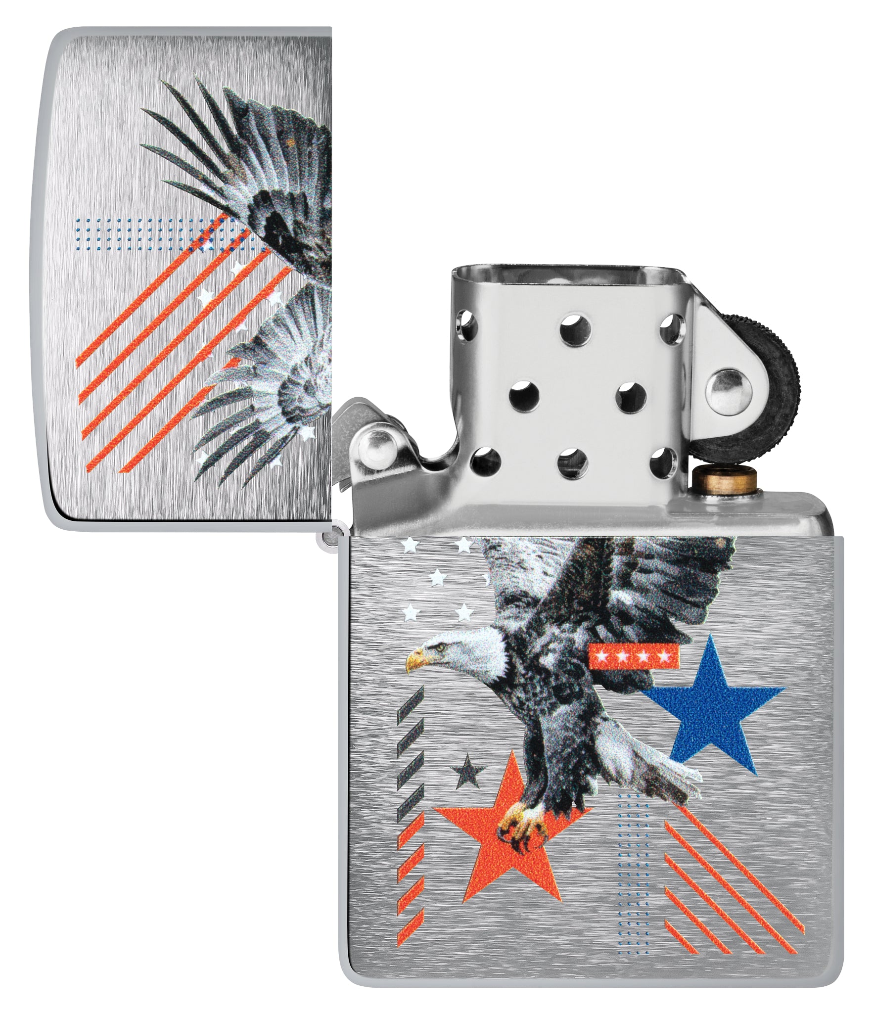 Zippo Abstract Americana Design Brushed Chrome Windproof Lighter with its lid open and unlit.