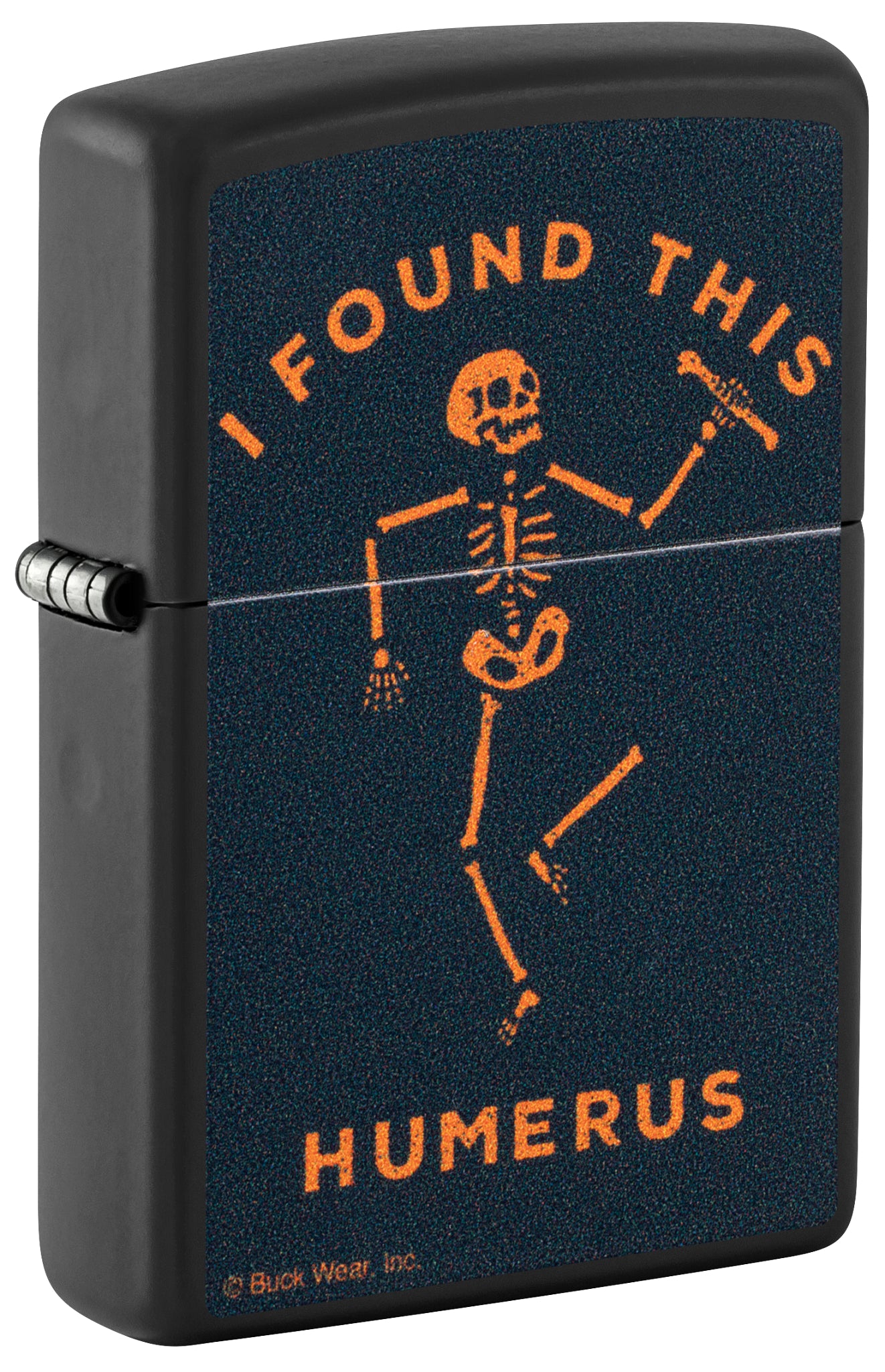 Front shot of Zippo Buck Wear™ Humerus Design Black Matte Windproof Lighter standing at a 3/4 angle.