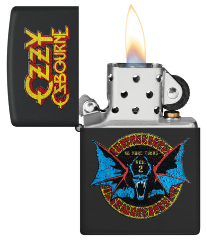 Zippo Ozzy Osbourne No More Tours Design Black Matte Windproof Lighter with its lid open and lit.