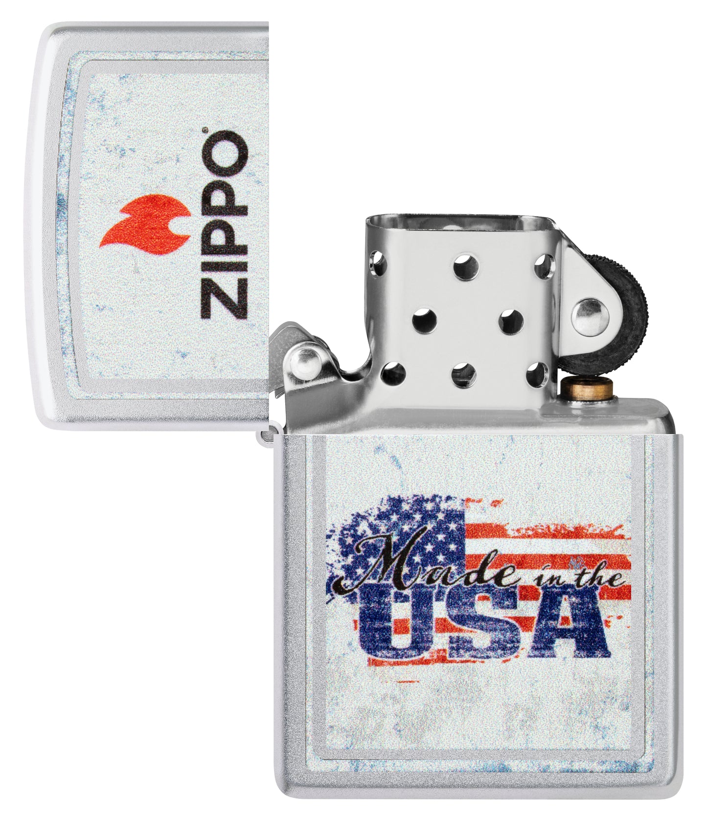 Zippo Made in the USA Design Satin Chrome Windproof Lighter with its lid open and unlit.