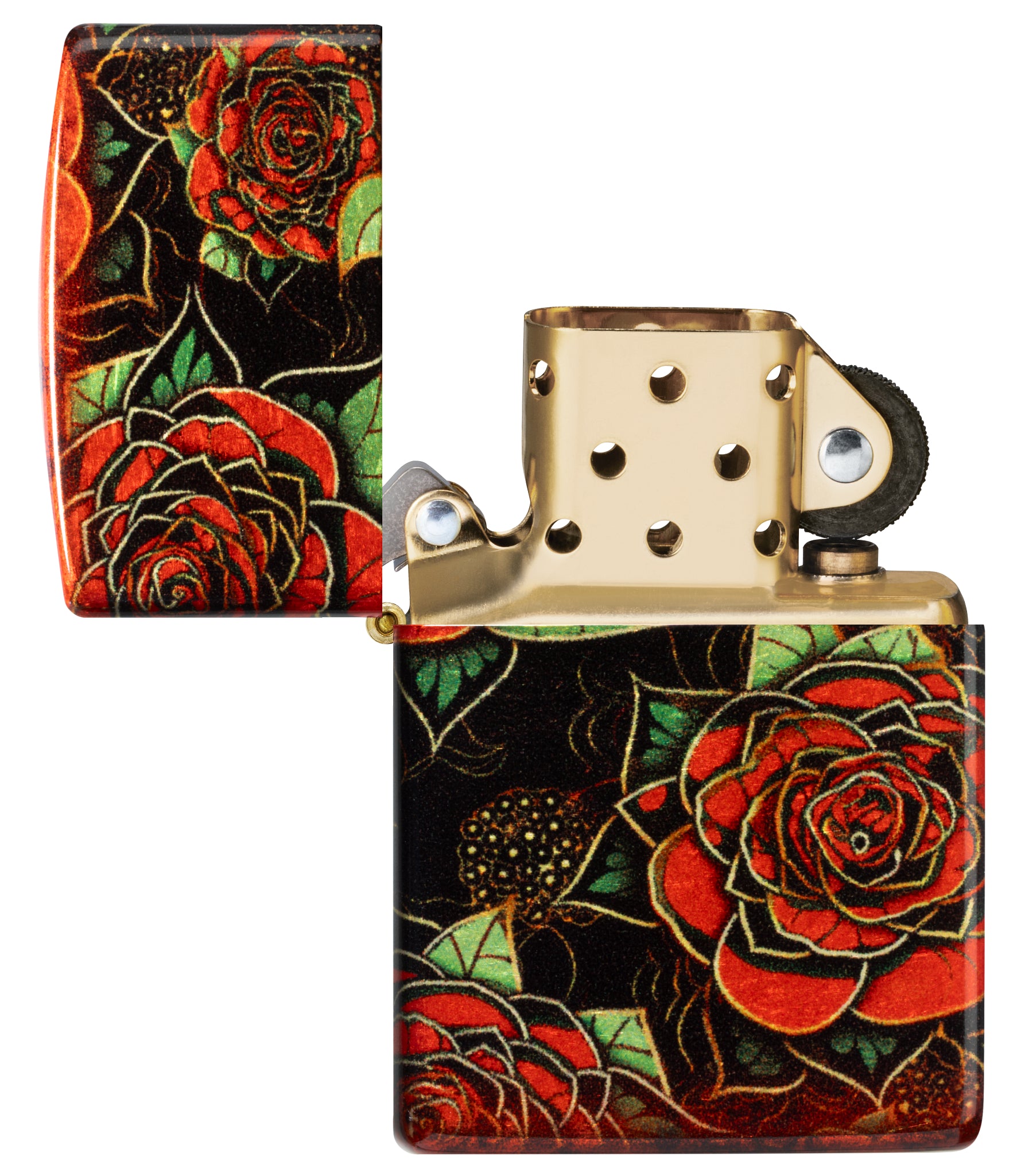 Zippo Blooming Roses Design 540 Tumbled Brass Windproof Lighter with its lid open and unlit.