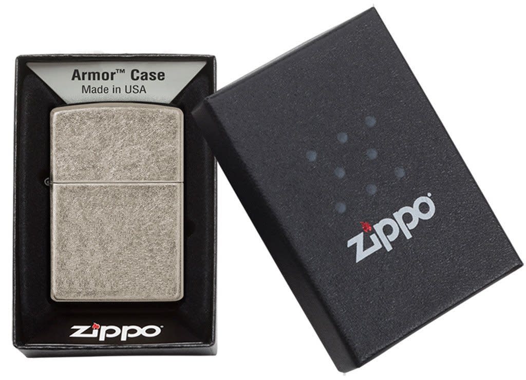 ArmorÂ® Antique Silver Plate Windproof Lighter in its packaging