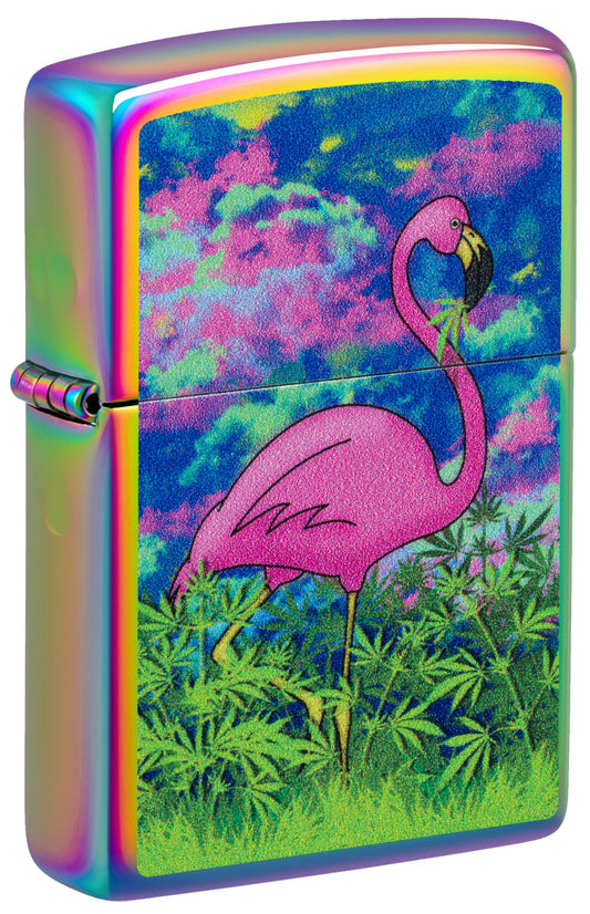 Front shot of Zippo Flamingo Fields Design Multi Color Windproof Lighter standing at a 3/4 angle.