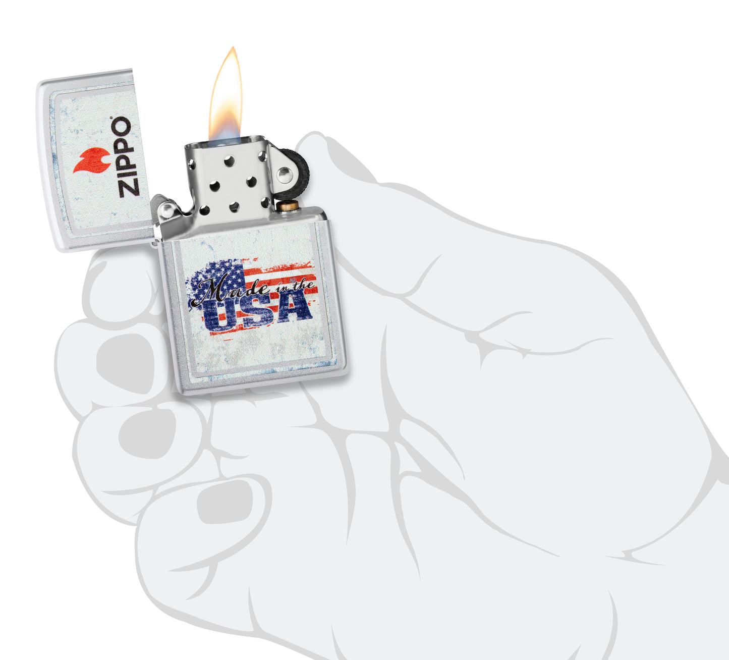 Zippo Made in the USA Design Satin Chrome Windproof Lighter lit in hand.