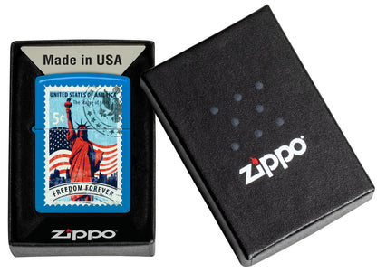 Zippo Stamp of Liberty Design Sky Blue Matte Windproof Lighter in its packaging.