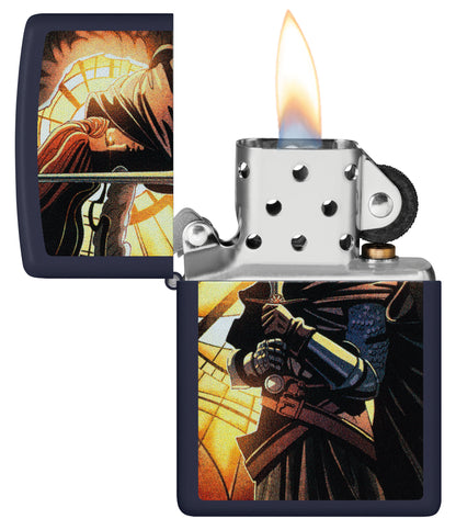 Zippo Abstract Knight Design Navy Matte Windproof Lighter with its lid open and lit.